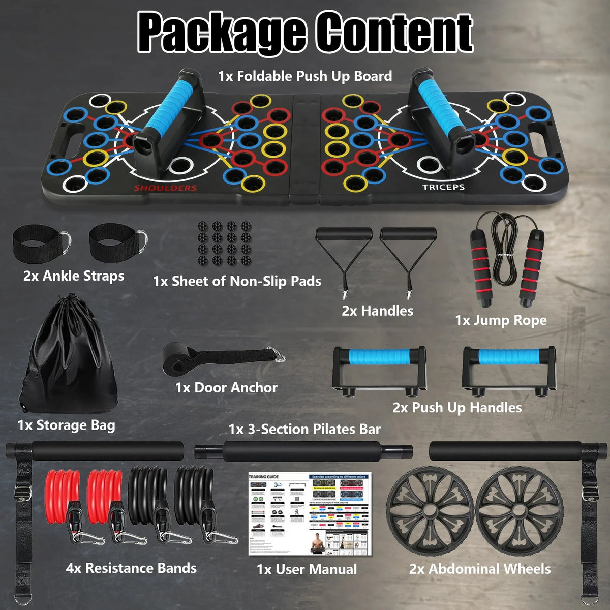 Foldable Multifunctional Push up Board for Men Women, Home Strength Training Equipment Set with Pilates Bar Resistance Band Roller Wheel, Black